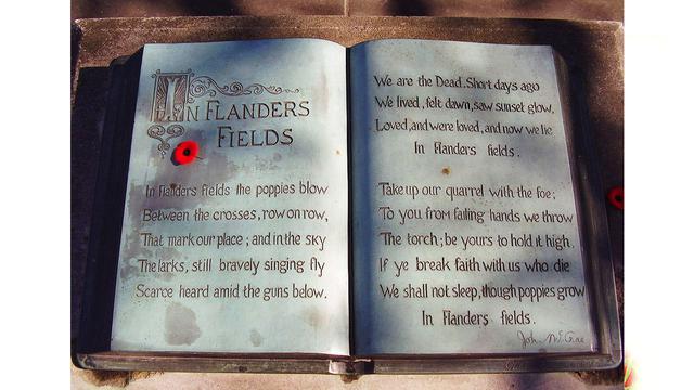 Bronze book inscription of John McCrae’s “In Flanders Fields” poem at the poet’s birthplace memorial in Guelph, Ontario. Lt. Col. John McCrae Birthplace Society